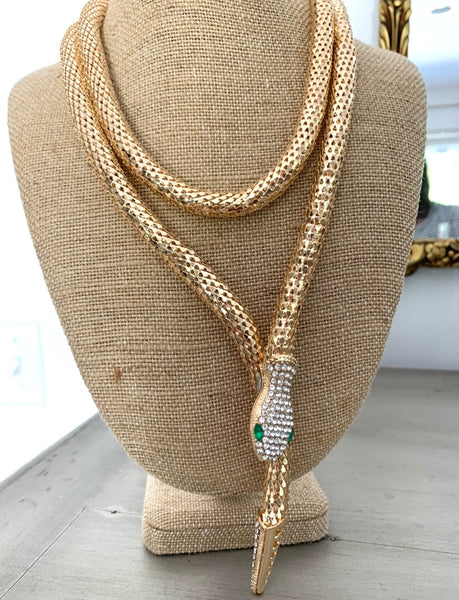 Gold Mesh Snake Necklace with Rhinestone Studs