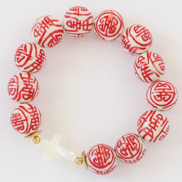 Red & White Chinoiserie Porcelain Bead and Mother of Pearl Cross Bracelet