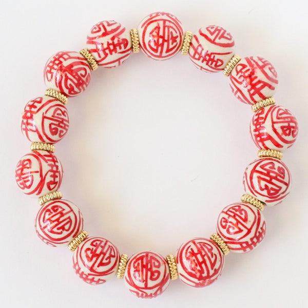 Red & White Chinoiserie Porcelain Beaded Bracelet, Grandmillenial Style