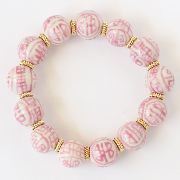 Pink & White Chinoiserie Porcelain Beaded Bracelet, Grandmillenial Style