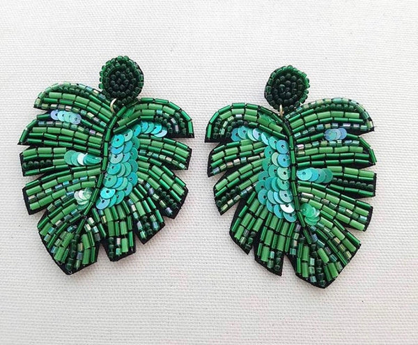 Green Sequin Leaf Earrings