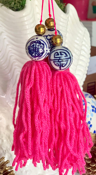 Porcelain Blue and White Chinoiserie Hot Pink Tassels