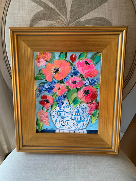 SOLD Framed Blue Pagoda Floral