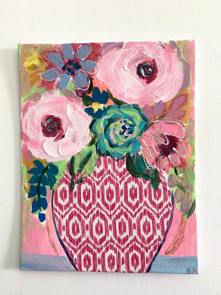SALE 7x9 Floral in a Geometric Vase, Pink