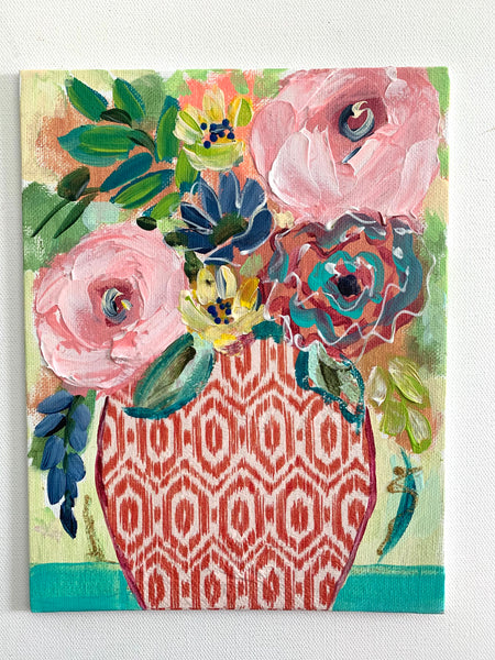 SALE 7x9 Floral In a Geometric Vase, Coral